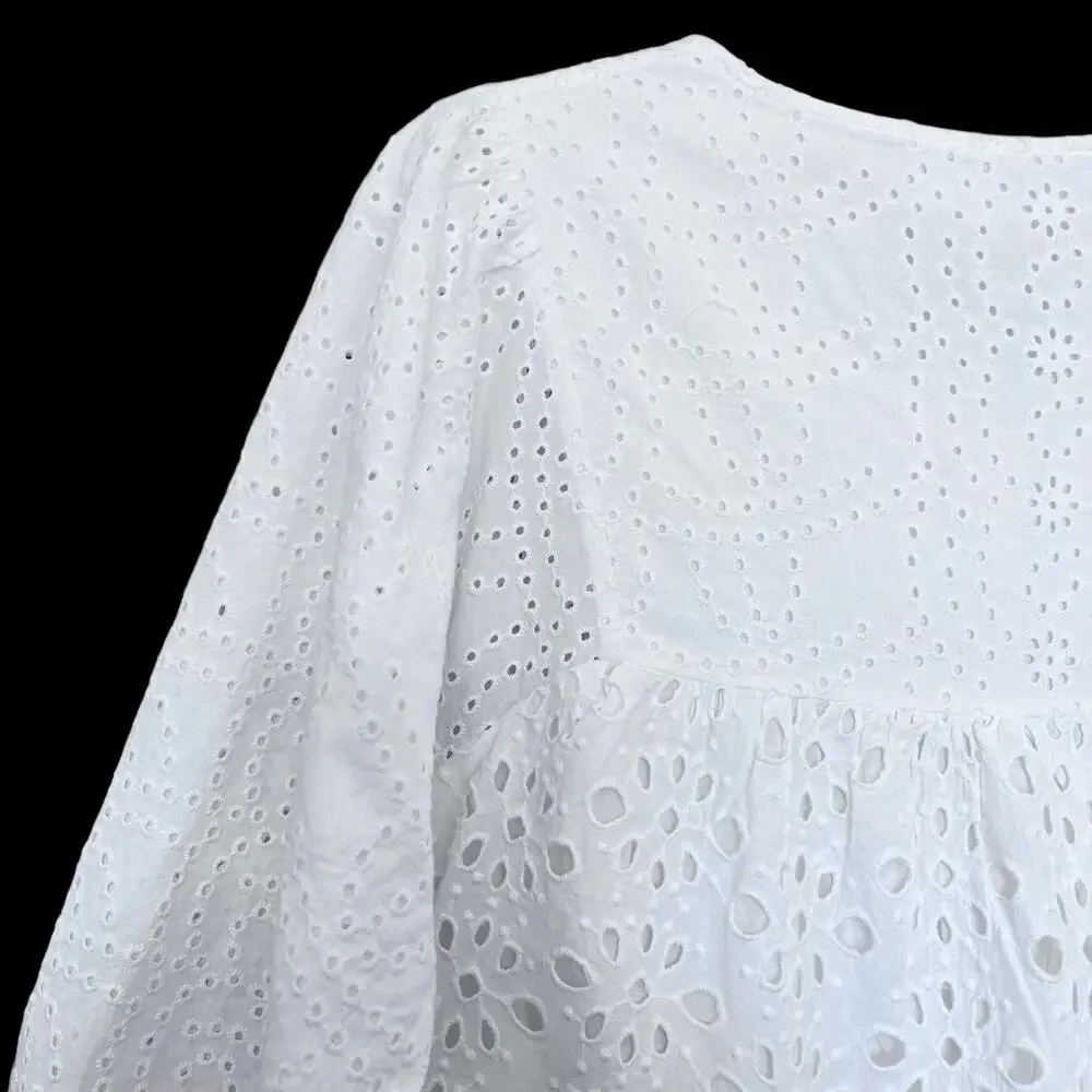 Zara Girls White Eyelet Embroidered Dress V Neck Long Sleeve Cottagecore 6